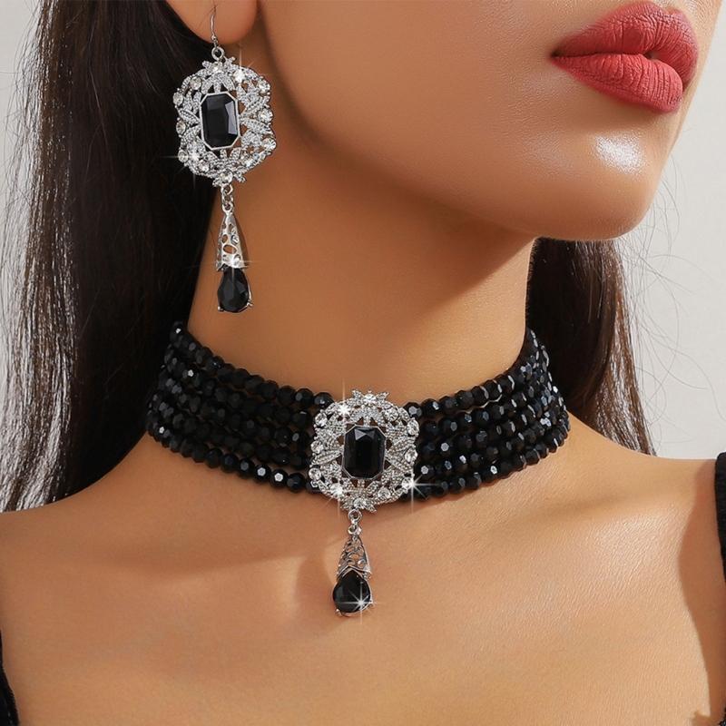 Stylish Layer Rhinestones Waterfall Necklace With Matching Earrings Jewelry Set