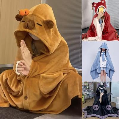 Moda Ofis Uyku Battaniyesi Klima Peluş Kahverengi Karikatür Tilki Cadılar Bayramı Pelerini Kadınlar İçin Şal Ev Ponço Kapşonlu