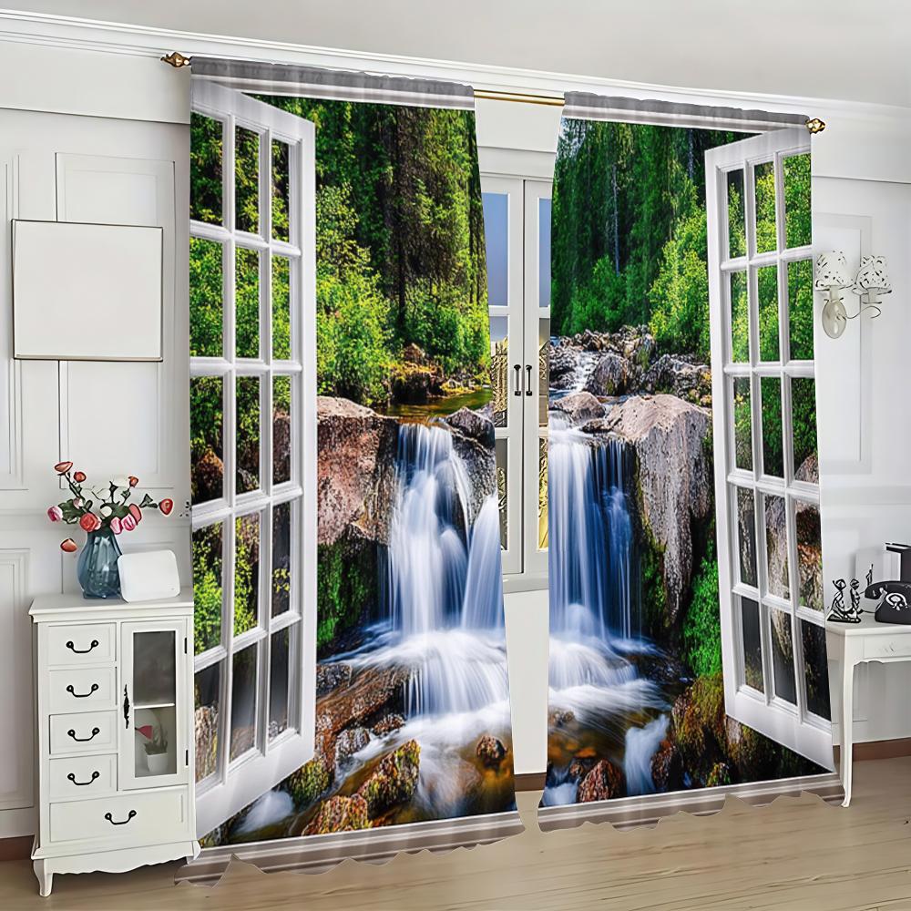 Forest Waterfall Curtain Green Rainforest Tropical Tree Plant Jungle Nature Scenery Landscape Window Drapes Curtains Set Of 2 Made Polyester