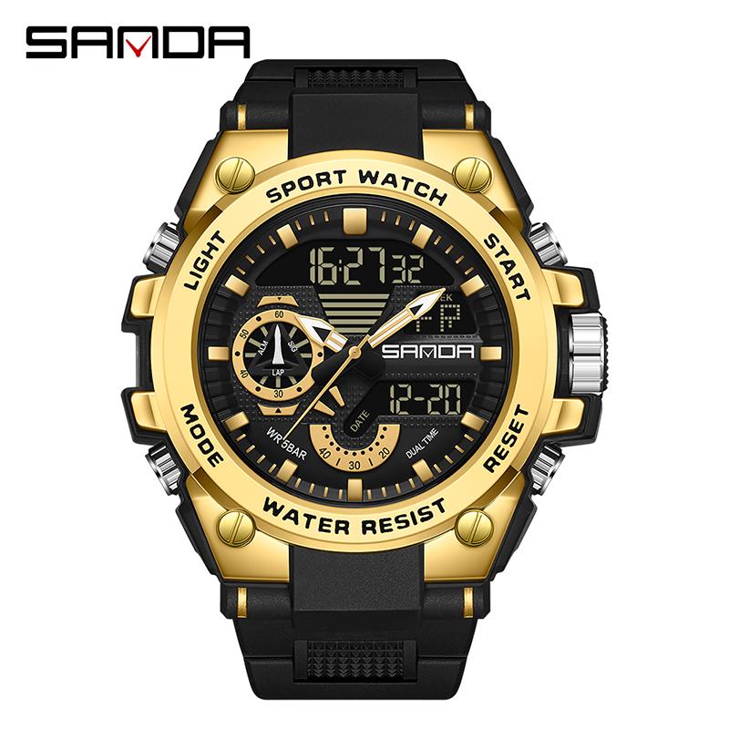 SANDA Luxury LED Dual Display Digital Quartz Watch for Men Shockproof Waterproof Sports Wristwatches Student Watch