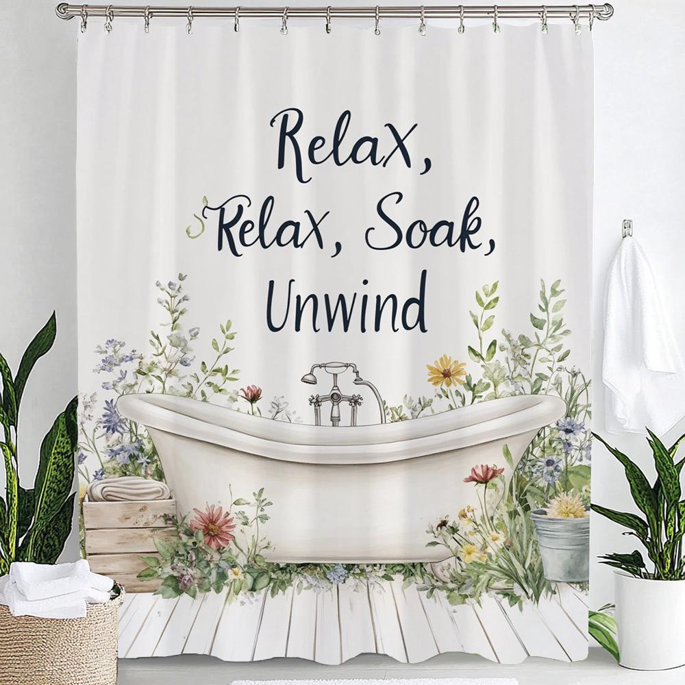 1Pc Flowers And Plants Bathtub Pattern Print Waterproof Shower Curtain Partition Privacy Hanging Curtain With Hooks Decoration