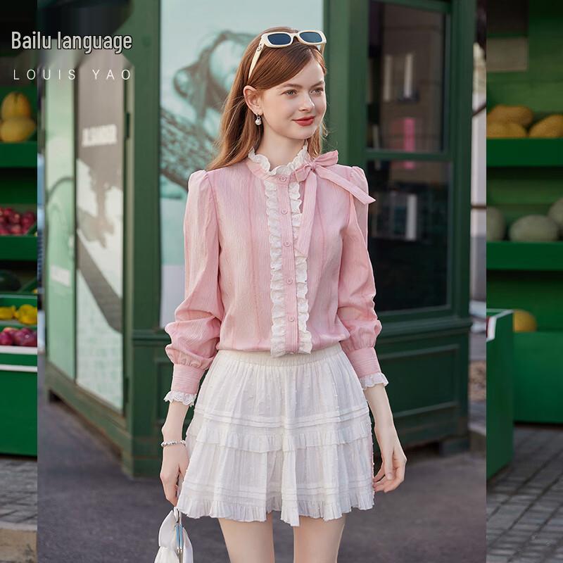 

Women s Sweet Korean Style Long Sleeve Blouse with Lace Collar & Removable Bow L