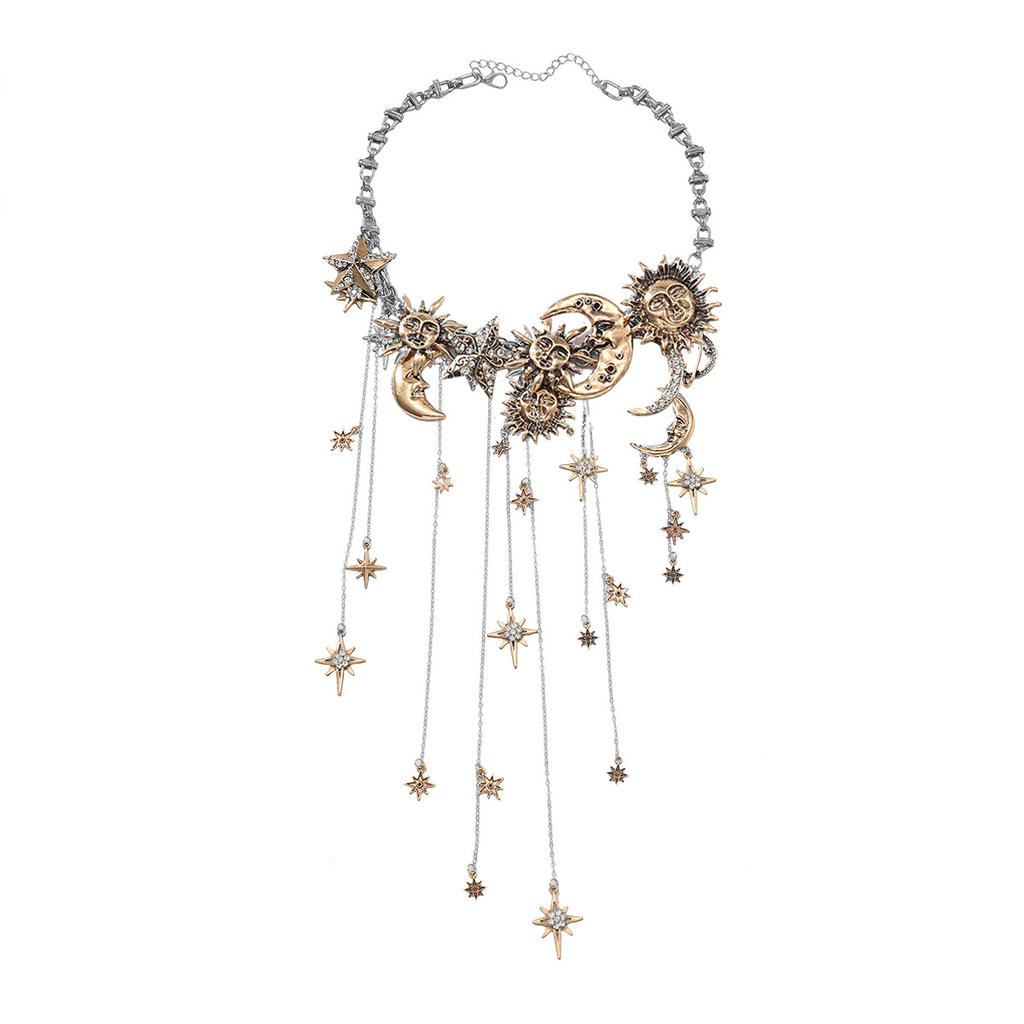 Vintage Metal Stars Moon Tassels Waterfall Pendant Necklaces for Women Men Y2K Hiphop Punk Party Jewelry Neck Accessories
