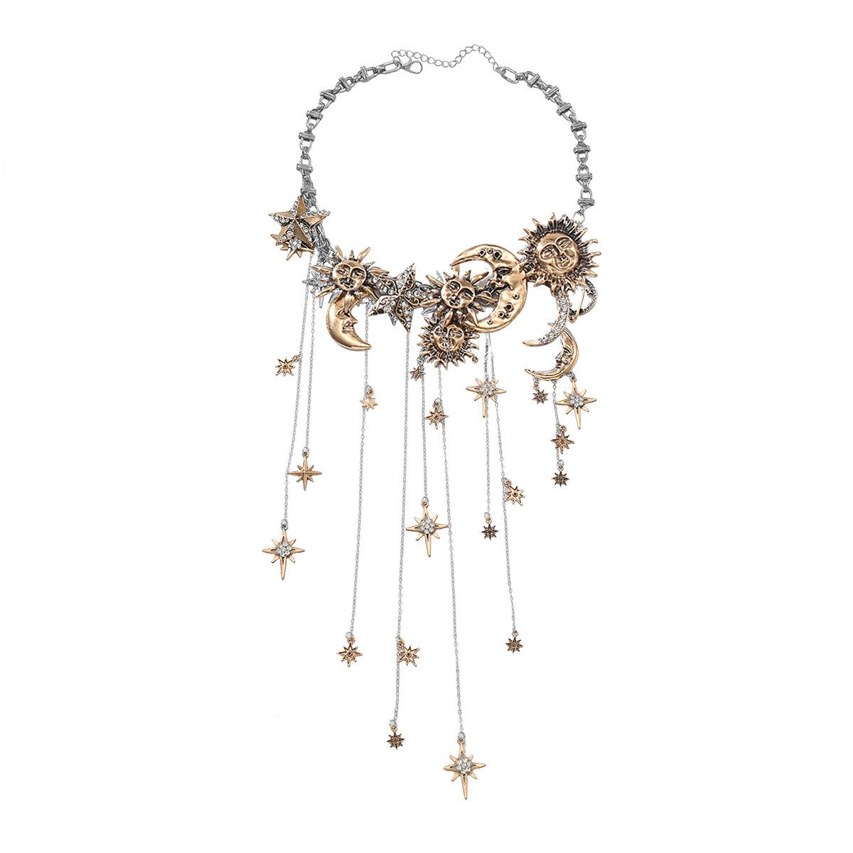 Преувеличенное многослойное ожерелье с подвеской-кисточкой, луна, звезда, солнце, стразы, женский бохо-аксессуар