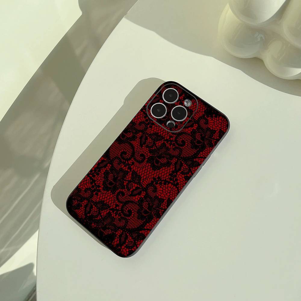 L-Lace Print Pattern Phone Case For iPhone 17,16,15,14,13,12,11 Pro Max, Lightweight and Practical Soft Black Cover