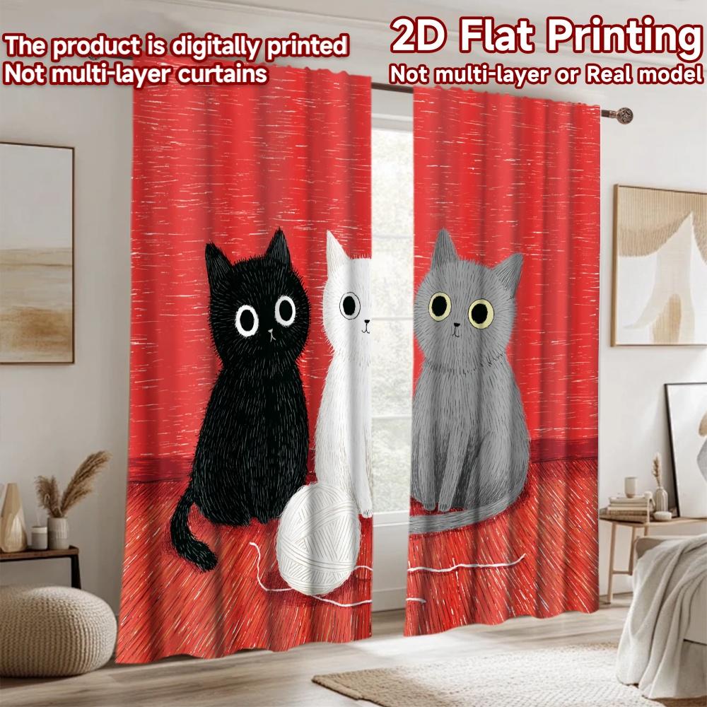 2D flat printing 2pcs Curtains Cute Cats Yarn Digital Printed Polyester Drapes Birthday Party for Photo Booths Birthdays