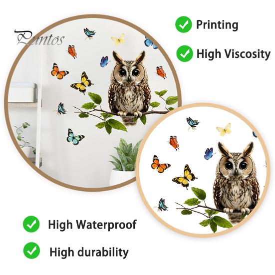 Pastoral Style Wall Mural Owl Butterfly Sticker, Forest Animal Illustration Decorative Decals, Sunproof Outdoor Window Cling Waterproof Removable