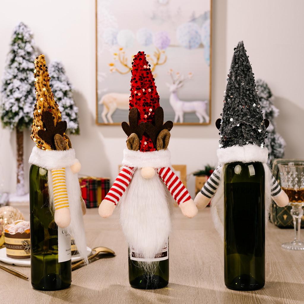 Whimsical Red Yellow And Black Sequin Hat Wine Bottle Ensembles With Antlers For Festive Christmas Decor