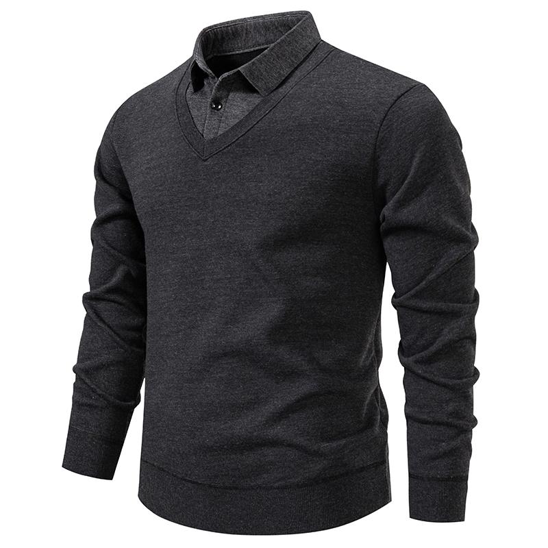 Autumn Winter Mens Long Sleeve Lapel Pullovers Fake Two-Piece Warm Knit Sweater