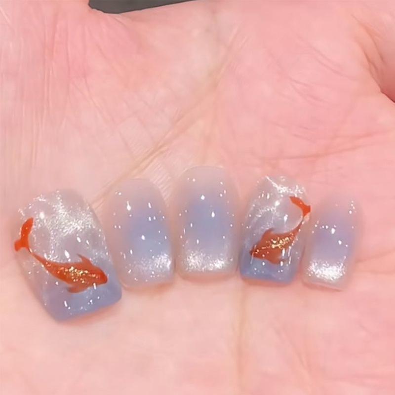 

Elegant Red Goldfish & Purple Cat Eye Press-On Short Nails MSS #Finished Strip