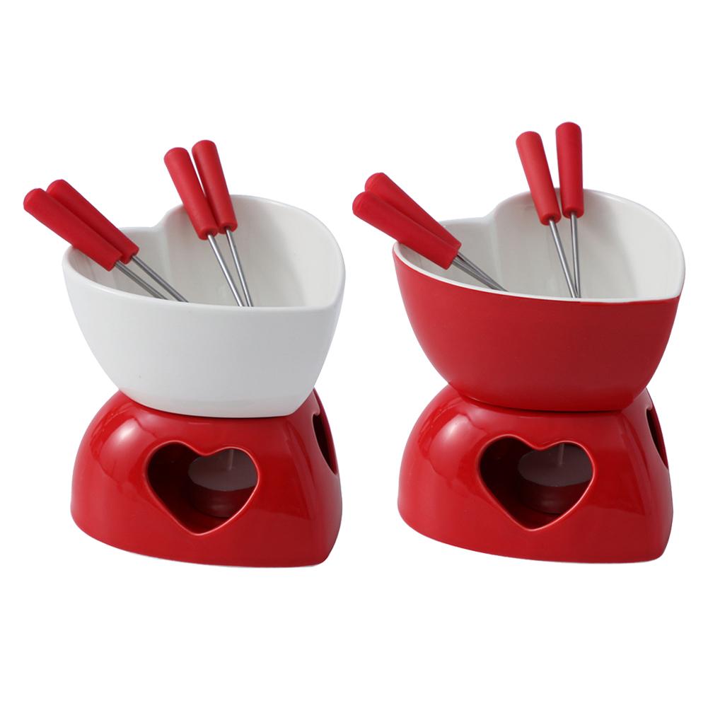 Romantic Heart-Shaped Ceramic Fondue Pot Set Red & White Dessert/Cheese Melting Versatile Chocolate Dipping Bowl For Ice Cream