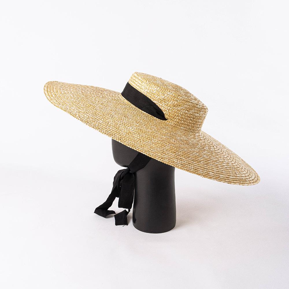 Summer new retro fashion big eaves straw tether flat top straw hat, beach travel sun protection flat top straw hat