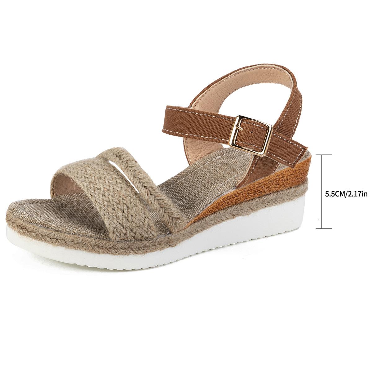 Female Large Size Sandals Summer New Hemp Slope Heel Thick Bottom Fish Mouth Roman Buckle Lightweight Comfortable Shoes 36 светло-коричневого 2790₽