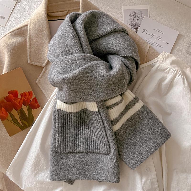Pocket scarf women's autumn and winter plaid striped wool blend versatile student couple warm scarf dual-purpose tide