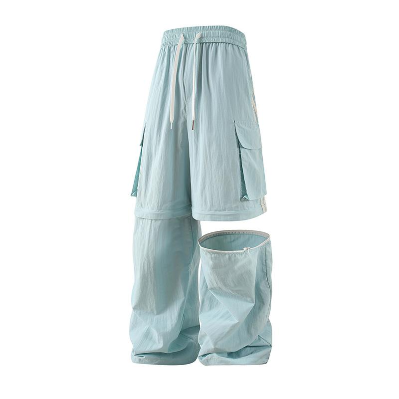 Men's Light Blue 2-in-1 Convertible Cargo Pants Detachable Wide Leg Shorts with Pockets