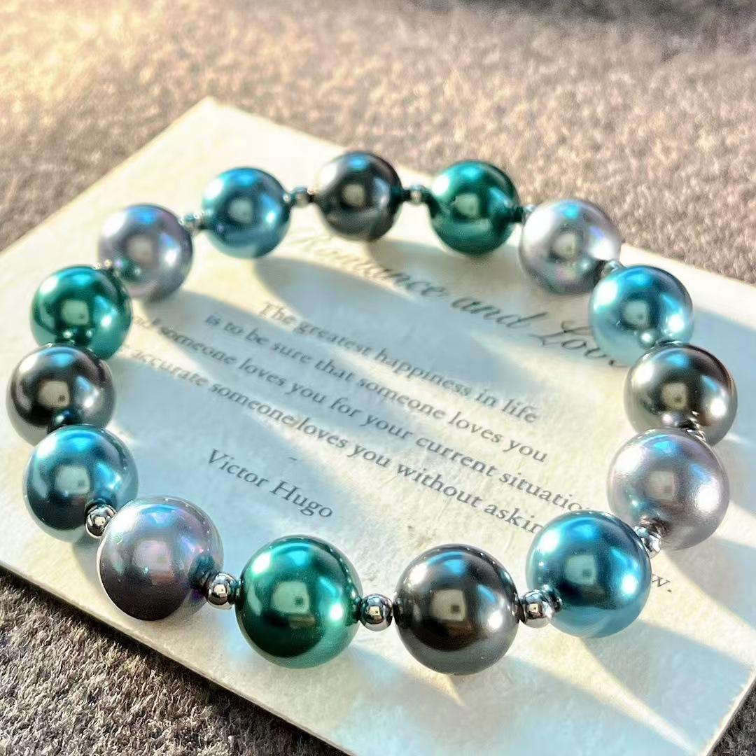 

10Mm Vintage High Quality Tahitian Black Grey Malachite Green Artificial Crystal Pearl Bracelet Bracelet