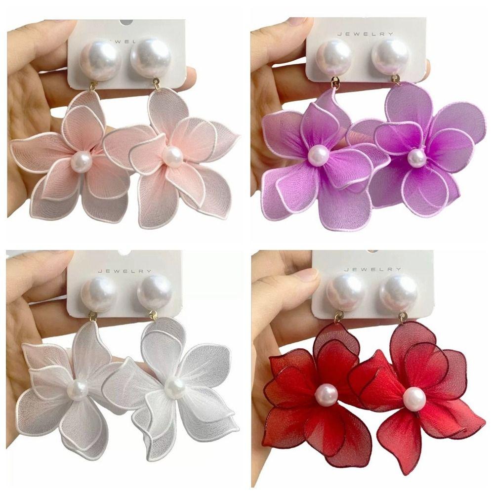 Fashion Sweet Mesh Flower Dangle Earrings Pearl Elegant Beach Earrings Women Ear Jewelry Petals Stud Earrings Gifts