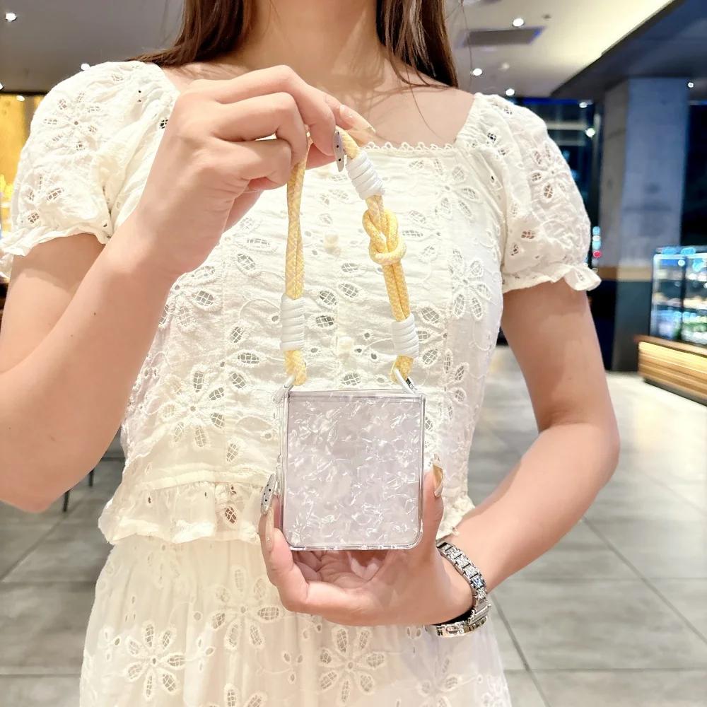 Gradient Water Ripple Colorful Lanyard Phone Case for Samsung Galaxy Z Flip 7 6 5 4 3 Slim Hard Shell Wrist Strap Protect Cover