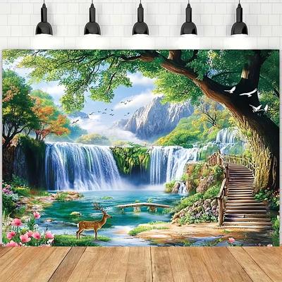 2D Nature Waterfall Tapestry Deer & Lake Landscape Backdrop Cloth for Living Room