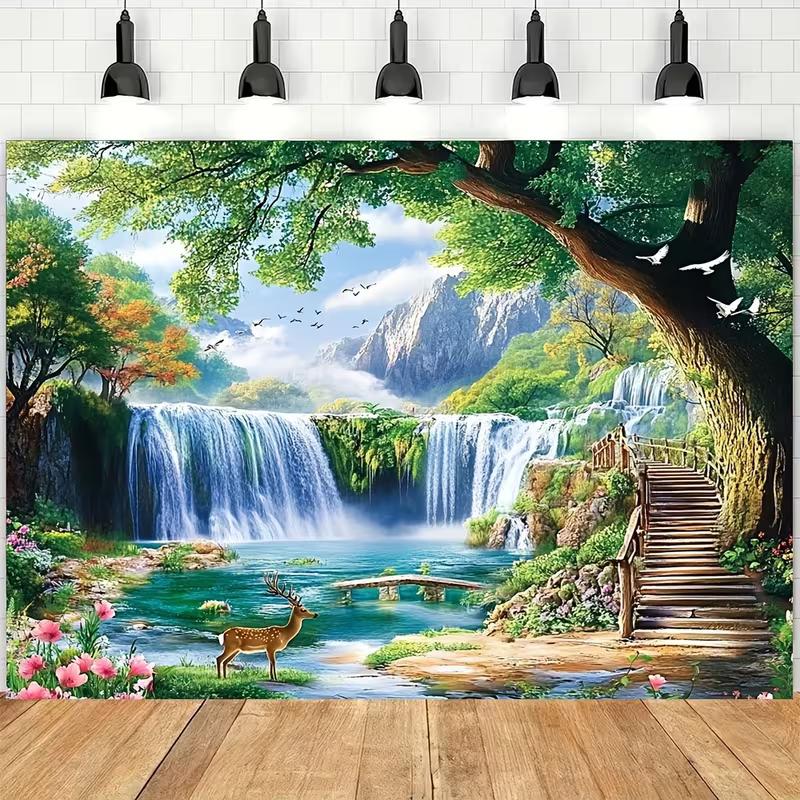 

2D Nature Waterfall Tapestry Deer & Lake Landscape Backdrop Cloth for Living Room 47.2x31.5inch/120*80cm