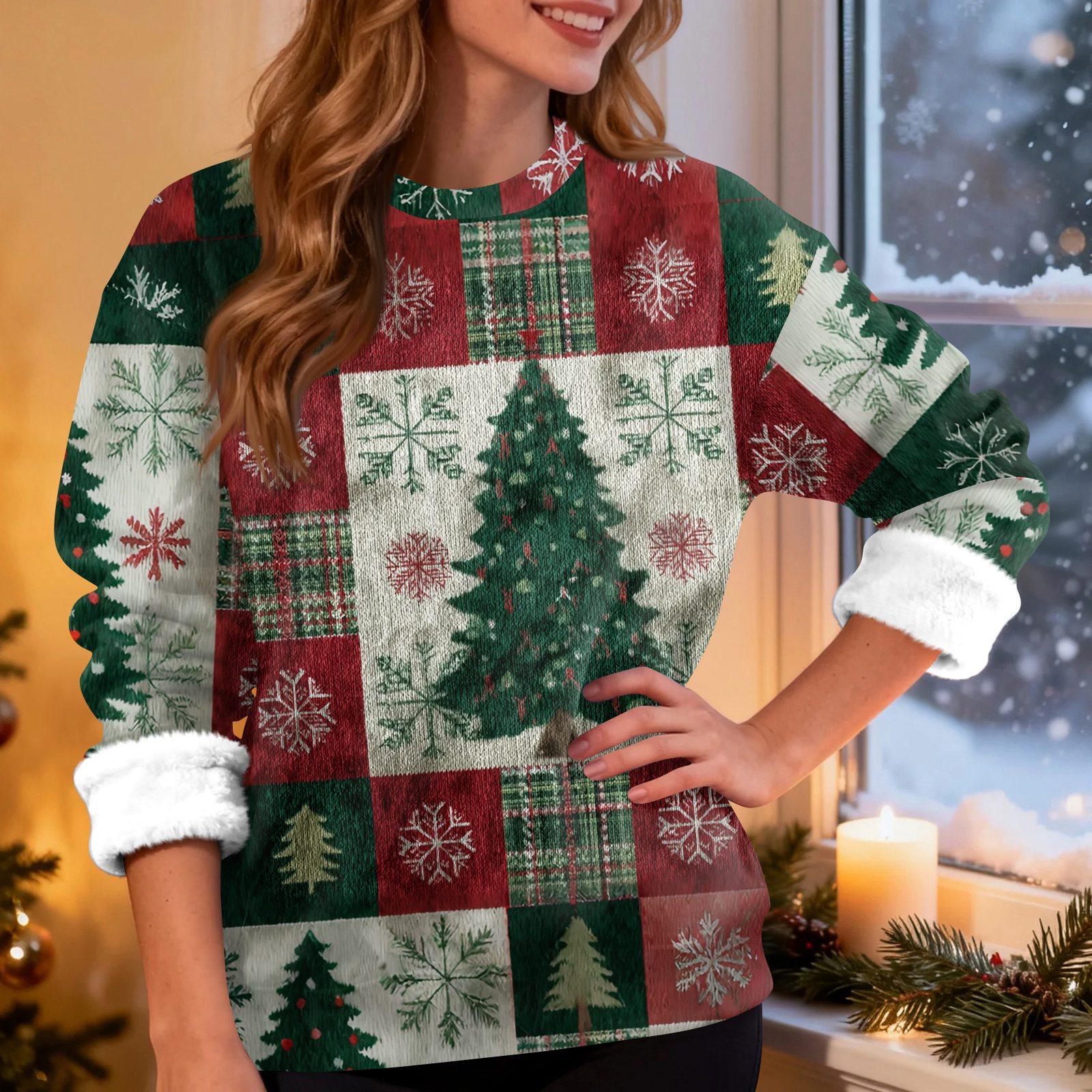 

Женская модная повседневная толстовка с длинным рукавом и круглым вырезом с рождественским принтом M