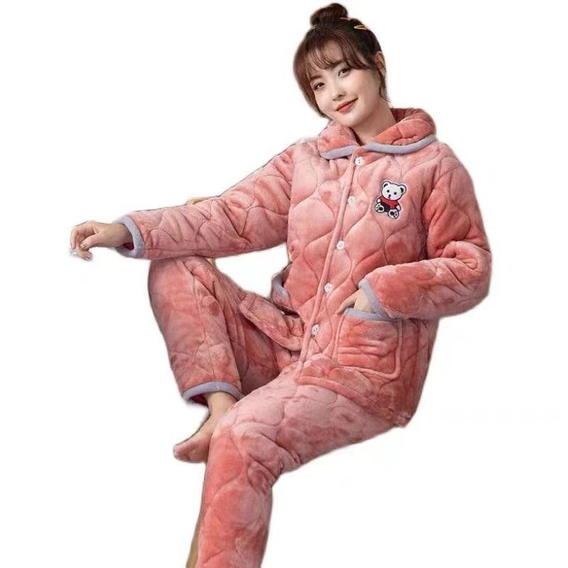 Pajamas women's winter three-layer thickened models fleece coral fleece warm padded cotton autumn and winter women's loungewear