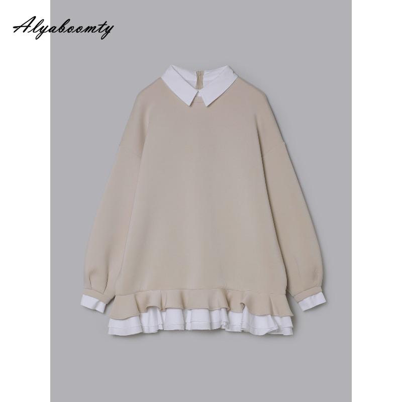 Korean Style Autumn Winter Women Hoodies Turn-Down Collar Patchwork Striped Oversized Pullover Layered Ruffles Outerwear