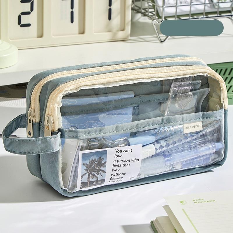 

Handheld Double Layer Transparent Pencil Case Pen Bag Hitting Color Square Storage Pouch for Stationery School A7473 синій