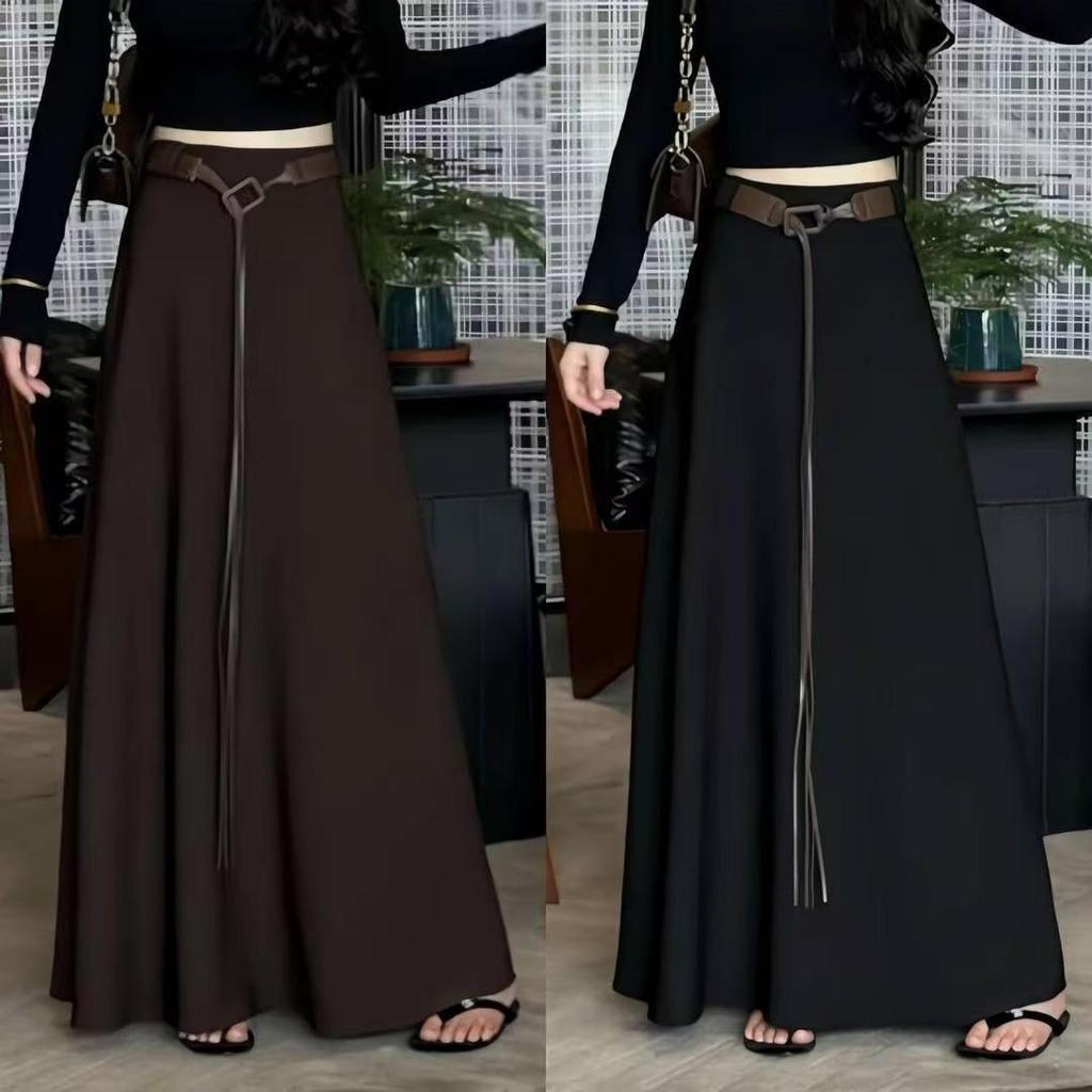 Elegant High-Waisted A-Line Maxi Skirt with Belt for Women – Autumn 2025