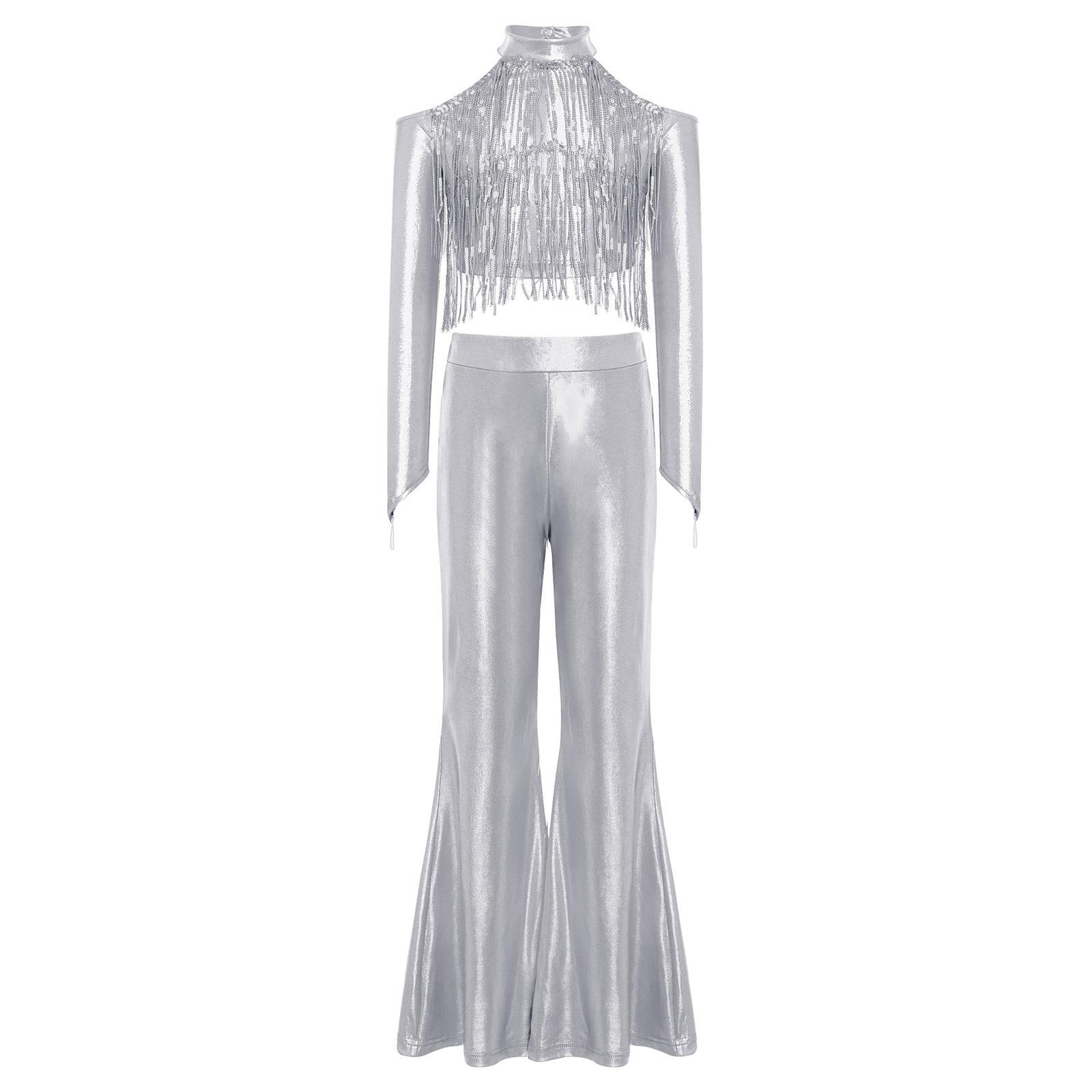 

Girls Shiny Sequin Crop Top Cold Shoulder Finger Holes Back Zipper Bell Bottom Pants Stage Set 7-8 Years срібний