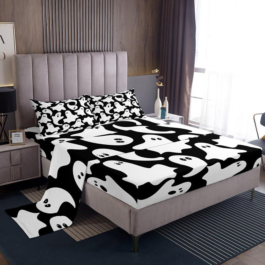 Halloween Cartoon Ghost Pattern Bed Hat Four-Piece Bedding Set Bedroom Dormitory Bedding Decoration