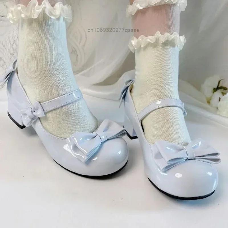 Fashion 2025 Lolita Style Cute Round Head  Jane Pumps With Bow Women's Sweet Party Dress Midi Heels Shoes Fashion PU Sandals