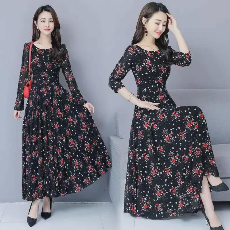 Korean Style Long-Sleeve Knee-Length Spring Dress, Round Neck Beach Dress for Autumn and Winter