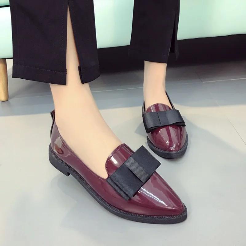 Little Leather Shoes for Women, Spring 2025 New Style Butterfly Knot Lacquered Leather College Style Student Casual Shoes