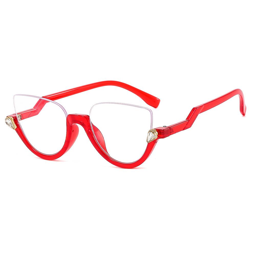 Herren Damen Trendige Halbrahmen Cat Eye Brille Modisch Leichte Freizeitbrille Diamantbesetzt Retro Flacher Spiegel