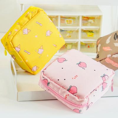 Sanitary Napkin Storage Bag Cartoon Print Inner Pocket Zipper Closure Large Capacity with Wrist Strap Cosmetic Earphone Keys Jewelry Storage
