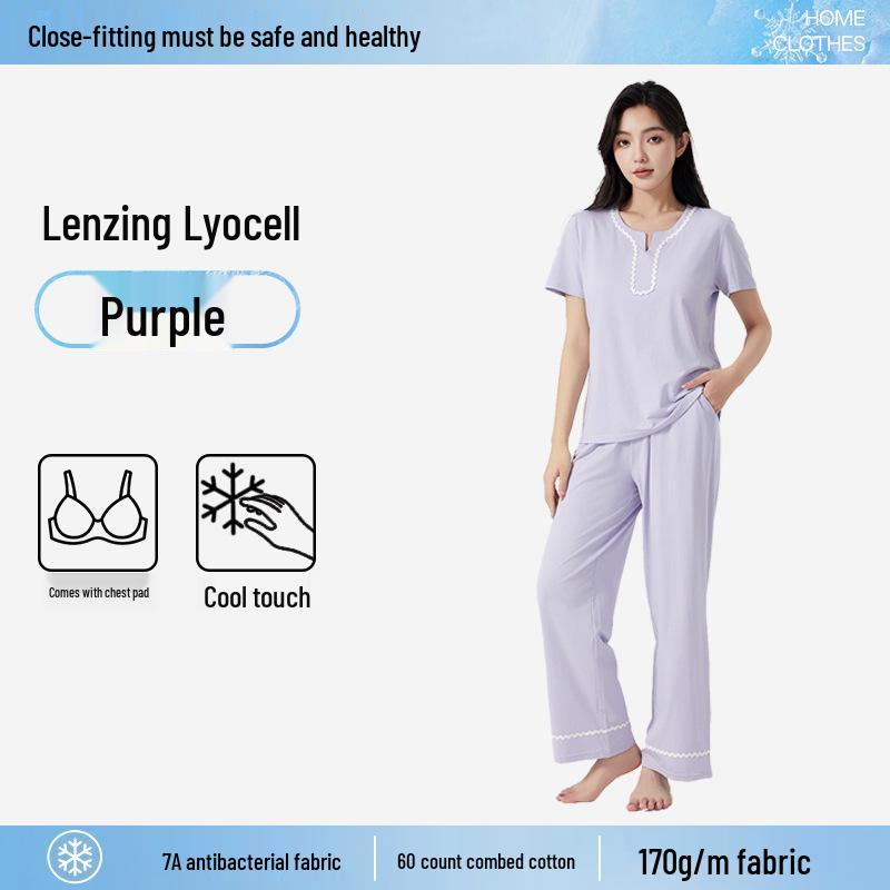 

Летний антибактериальный пижамный комплект из лиоцелла для мамы с вкладышами для бюстгальтера, с короткими рукавами и длинными брюками - для дома и улицы L (110-130 lbs)