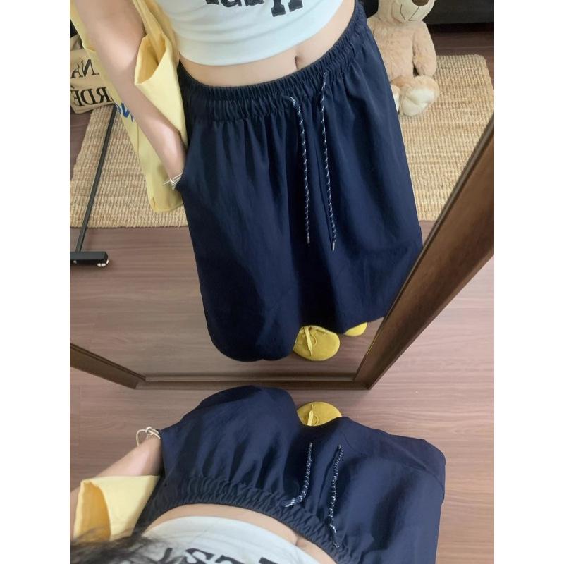 Plus Size Korean A-line Solid Color Mid-length Skirt - Spring/Summer Casual Style with Drawstring and Spliced Design