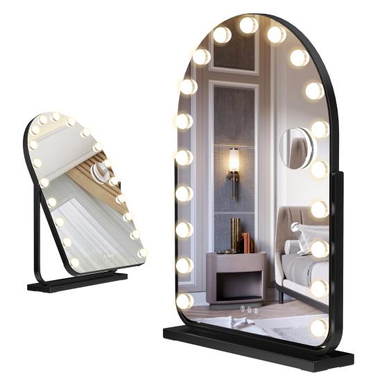 Vanity Mirror with 17 LED Lights, Curved Table Top Makeup Mirror, Rotatable Base Makeup Mirror with 10x Magnifying Glass, Touch