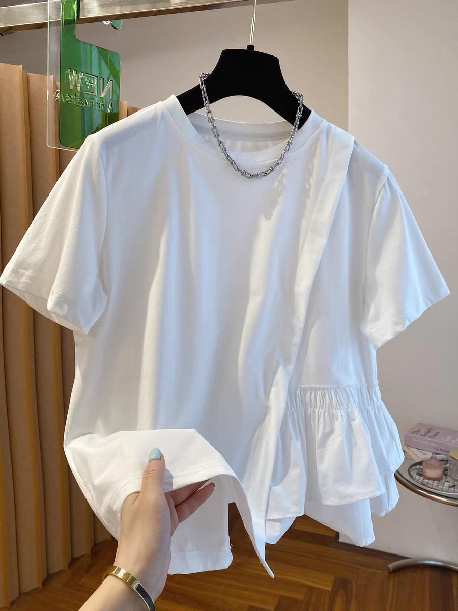

Plus Size Irregular Patchwork Short Sleeve T-shirt - Women s Slimming Summer Loose Fit Solid Color Top XL (130-150 jin recommended) білий