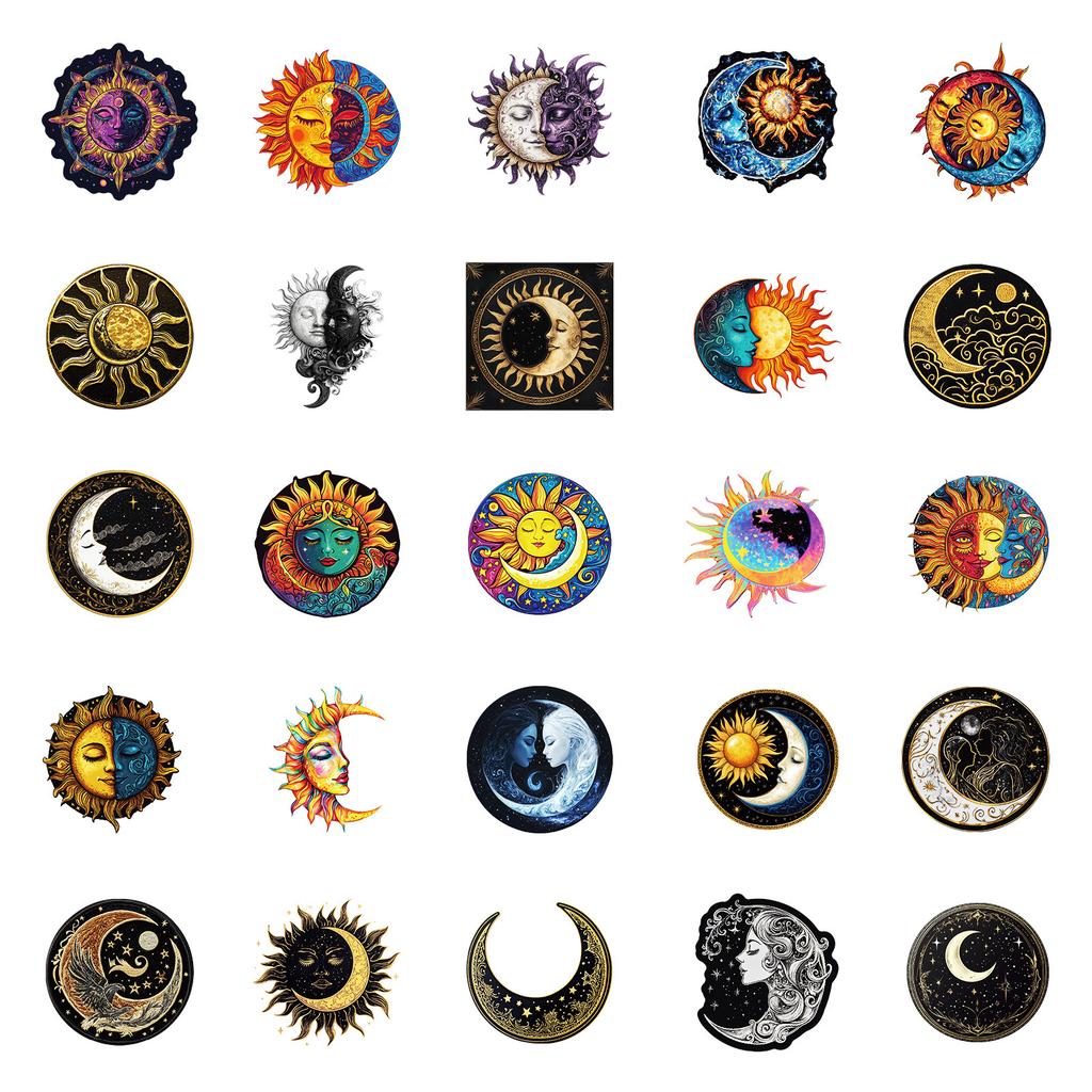 50 Black Art Moon And Sun Stickers Mobile Phone Computer Helmet Stickers