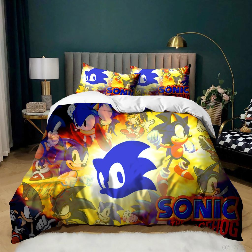 Movie Cartoon Sonic Duvet Cover Set 3 Pieces Bedding Set for Kids Soft Comfortable Quilt Cover with Pillowshams