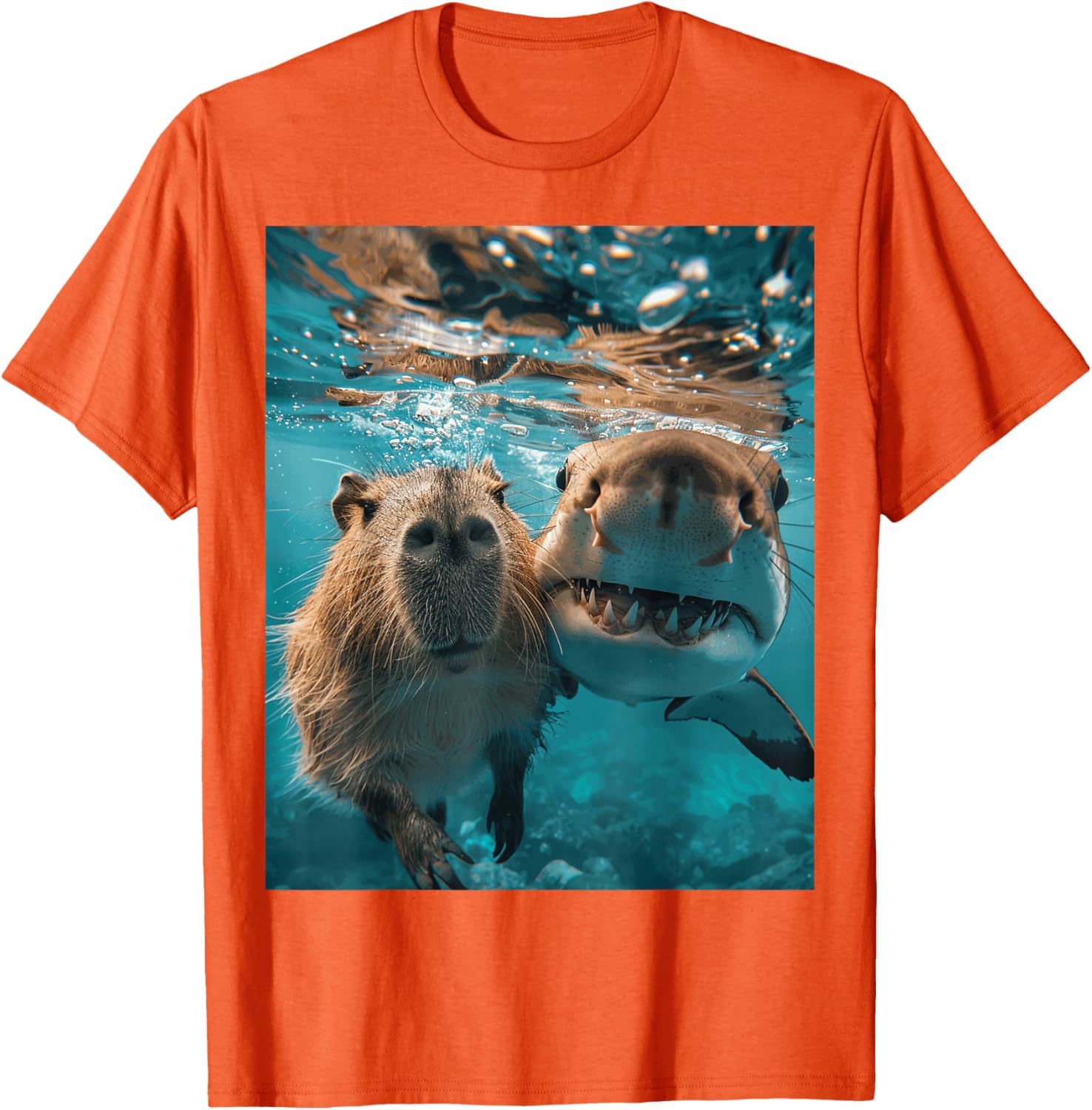 Capybara and Shark Selfie Underwater Graphic Tee Men Casual Cotton Daily Print T-Shirt 4XL