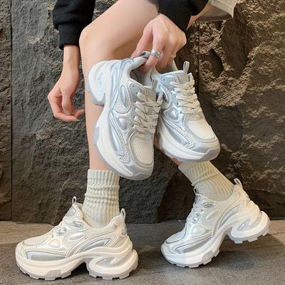 Leather Silver Dad Shoes Children's Summer New Mesh Breathable Thick Sole Heightening Lightweight Casual Sports Shoes