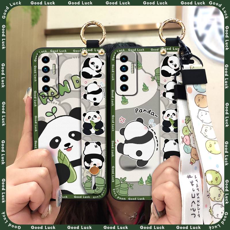 Fashion Design Cute Phone Case For Tecno Camon17P Phone Holder Cartoon Back Cover Shockproof Panda Silicone Ring Lanyard