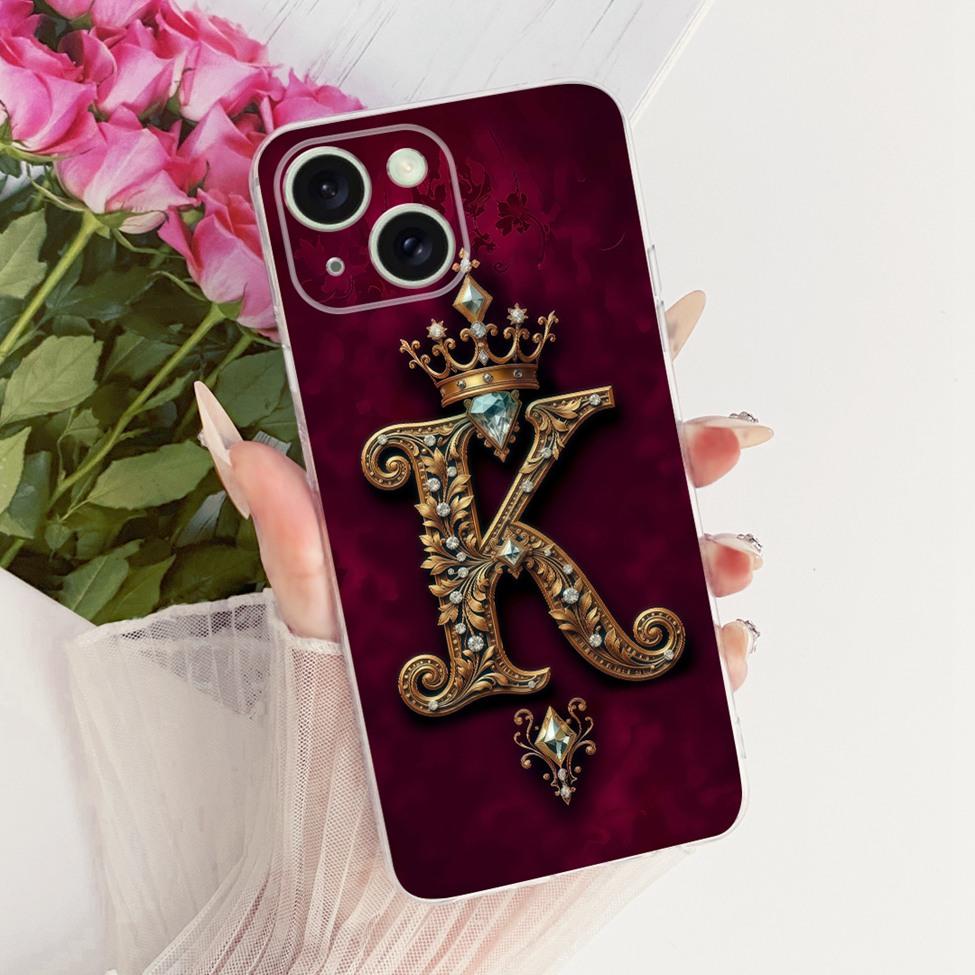 Transparent For iPhone 15 Case Cover Transparent Luxury Crown A-Z Letters 2D Flat Pattern Soft Casing A3092 A3090 A2846 A3089