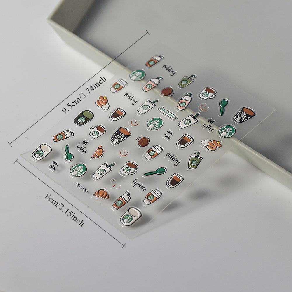 5D Raw Coconut Latte Coffee Embossed Nail Art Stickers - Reusable, Self-Adhesive Decals with Playful Cartoon Designs for Stylish Manicures