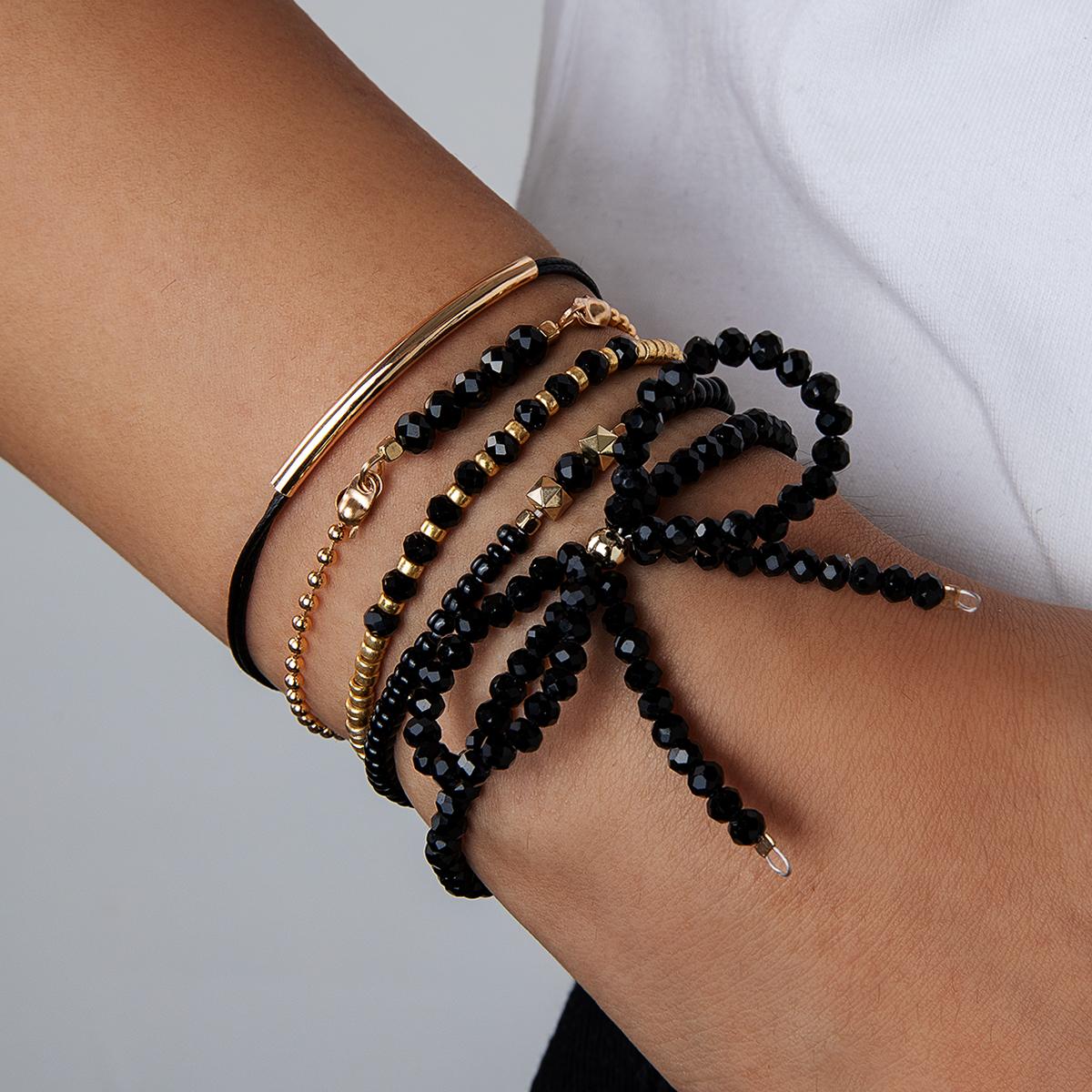 

5 fashionable and simple black glass bead bow bracelet with adjustable braided bead bracelet set