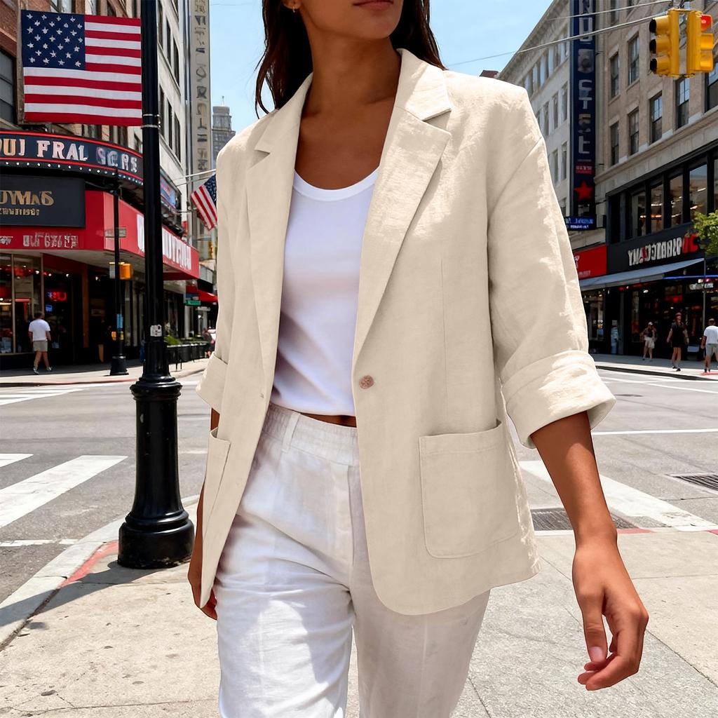 Women's Casual Linen-Cotton Cardigan with Pockets and Seven-Eighths Sleeve