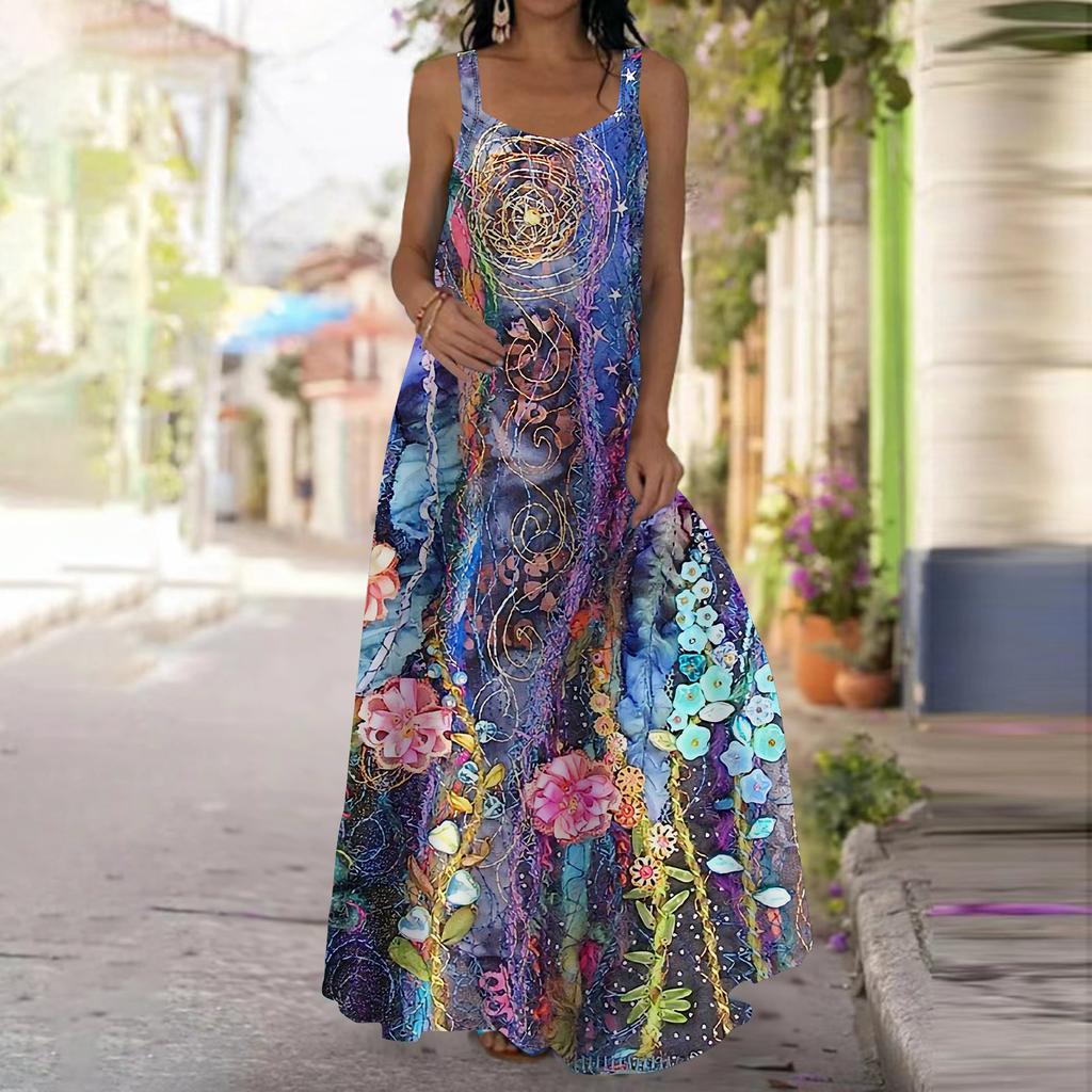 Damen Slip Dress Maxi Langes Kleid Grün Geschwungenes Blätter Print Kleid Frühling & Sommer Freizeit Urlaub